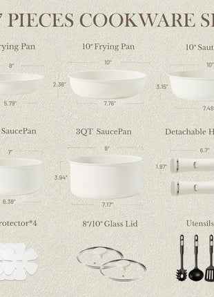 CAROTE 19pcs Pots and Pans Set Non Stick, Detachable Handle Cookware | Kitchen Cooking Sets, Space Saving, Dishwasher & Oven Safe, Non-Toxic, for Camping/RV/Traveling, Cream White