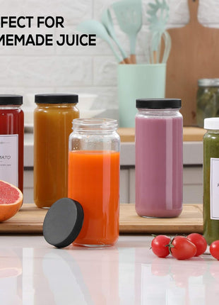 8 Pack 16OZ Glass Juice Bottles with 8 Airtight Lids & 2 Straw Lids & 2 Straws - Freezable Juice Container, Travel Juicing Jars, Drinking Water Cups - Reusable Tall Mason Jar for Tea, Juice, Smoothies