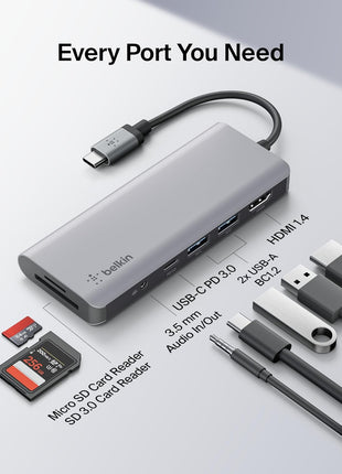 Belkin USB-C Hub, 7-in-1 MultiPort Docking Station for MacBook & Windows - 85W USB-C Power Delivery 3.0, 4K HDMI 1.4, 2x USB-A 3.0, SD 3.0, Micro SD 3.0, & 3.5mm Audio Jack