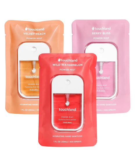 Touchland Juicy Trio Hydrating Hand Sanitizer Spray Set Travel Size | TSA ready Power Mist with skincare benefits. Velvet Peach, Berry Bliss and Wild Watermelon.