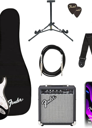 Fender Squier Debut Series Stratocaster Electric Guitar Kit, Beginner Guitar Kit, with 2 Year Warranty, with Padded Gig Bag, Frontman 10G Amp, Strap, and More, Includes Free Lessons, Black