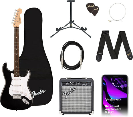 Fender Squier Debut Series Stratocaster Electric Guitar Kit, Beginner Guitar Kit, with 2 Year Warranty, with Padded Gig Bag, Frontman 10G Amp, Strap, and More, Includes Free Lessons, Black