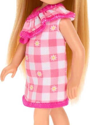 Barbie Chelsea Doll, Small Doll Wearing Removable Checked Dress & Pink Shoes with Blonde Hair & Blue Eyes