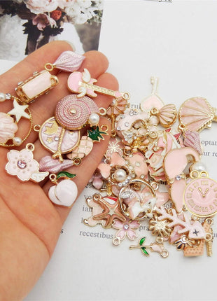40pcs(20PAIRS) Assorted Gold Tone Enamel Animals Fruit Moon Star Dainty Dangle Flowers Pendants Charms for Jewelry Making Necklace Bracelet, Pink Theme