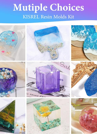 KISREL Resin Molds Kit 12PCS, Epoxy Resin Silicone Molds, Resin Mold Including Cube, Pen Container, Pyramid, Tray, Love, Round, Square, Ball, Flowerpot, Cuboid, Crystal