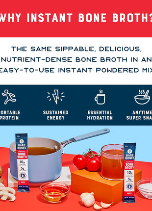 Bare Bones Beef Bone Broth Instant Powdered Mix Packets | 5g Collagen | 10g Protein | Keto & Paleo Friendly | No Artificial Flavors | Rich Savory on-the-go 16 Pack