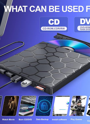 BPAKDU External CD/DVD Drive for Laptop, DVD Player for Laptop, 8 in 1 USB 3.0 Ultra-Slim Portable, CD Burner External Disk Drive Optical Compatible with Desktop Mac,Windows 11/10/8/7 Linux