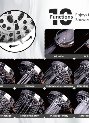 BESAQUO Shower Head,10 Functions High Pressure shower head with handheld, Built in Pause Mode & 2 Power Wash, Non Clogging Nozzles High Flow Hand Held Shower Head, Leakproof 6.5ft Hose&Metal Bracket