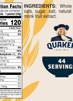 Quaker Instant Oatmeal Lower Sugar, Maple & Brown Sugar, 1.19 Oz, Pack of 44