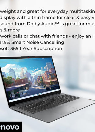 Lenovo IdeaPad 1 Student Laptop, 15.6 inch FHD Display, Intel Dual Core Processor, 12GB RAM, 512GB SSD + 128GB eMMC, 1 Year Office 365, Wi-Fi 6, Webcam, Bluetooth, SD Card Reader, Windows 11 Home, Grey