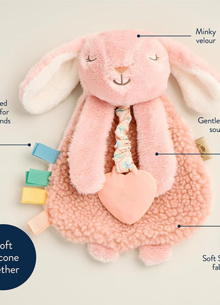 Itzy Ritzy - Itzy Lovey Including Teether - Baby Lovey with Teether, Textured Ribbons & Dangle Arms - Features Crinkle Sound, Sherpa Fabric and Minky Plush (Pink Bunny)