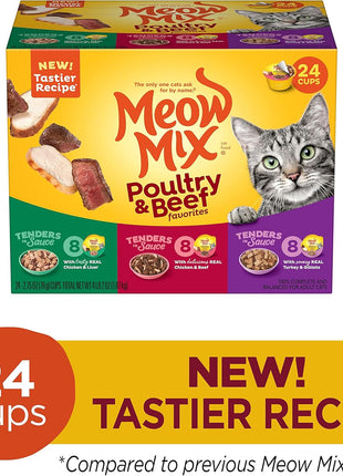 Meow Mix Tender Favorites Poultry & Beef Variety Pack, Wet Cat Food, 2.75 oz Cup (24 Pack)