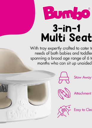 Bumbo 3-in-1 Portable Infant Multi-Seat with Tray, 6 to 36 Months, Taupe | All-in-One Travel, Feeding, and Play - Floor Seat, Booster Seat and High Chair for Baby and Toddler Dining & Activity