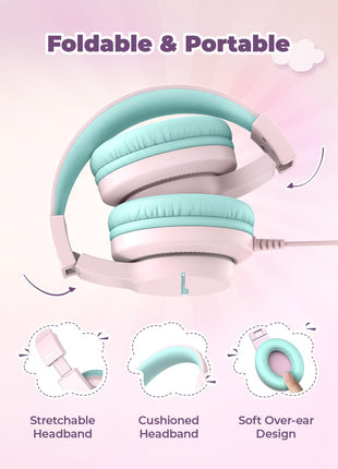 iClever HS19 Kids Headphones with Microphone for School, Safe Volume Limited, Over-Ear Girls Boys Headphones for Kids with Shareport, Foldable Wired for iPad/Travel (Pink)