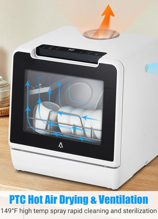 Portable Dishwasher Countertop, Dishwasher Countertop 5L Built-In Water Tank, No Hookup Needed, 5 Washing Programs, 360° Dual Spray, Baby Care & Air-Drying Function for Apartments