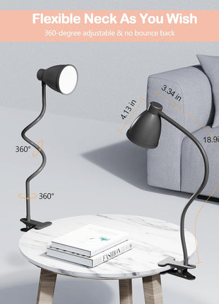 BOHON Desk Lamp 5 Color Modes 10 Brightness Dimmer Reading Light 10W 38 LED Clamp Lamp with Auto Off Timer 360° Flexible Neck Clip on Light for Bed Bedside, AC Adapter Include