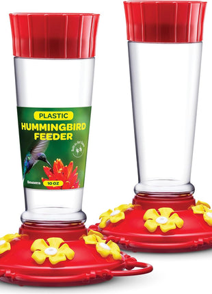 Hummingbird Feeder 10 oz [Set of 2] Plastic Feeders for Outdoors, with Built-in Ant Guard - Circular Perch with 5 Feeding Ports - Wide Mouth for Easy Filling/2 Part Base for Easy Cleaning