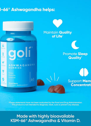 Goli Ashwagandha & Vitamin D Gummy   60 Count   Mixed Berry, KSM 66, Vegan, Plant Based, Non GMO, Gluten Free & Gelatin Free Relax. Restore. Unwind, Pack of 1