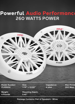 Pyle 6x9 Inch Dual Marine Speakers - 2 Way Waterproof and Weather Resistant Outdoor Audio Stereo Sound System with 260 Watt Power, Poly Carbon Cone and Cloth Surround - 1 Pair - PLMR692