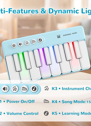 iPlay, iLearn Toddler Mini Piano Toy, Pocket Travel Musical Piano Kids 1-3 | Portable Musical Instrument Toys W/ Rainbow Lights, Music Interactive Birthday Gift 2 4 5 6 Year Old Boy Girl Child-Blue