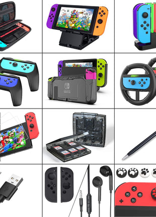 Deruitu Switch Accessories Bundle Compatible with Nintendo Switch, Kit with Carrying Case, Screen Protector, Compact Playstand, Game Case, Joystick Cap, Charging Dock,Steering Wheel, (18 in 1)