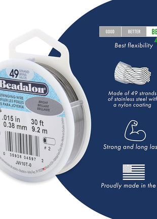 Beadalon 49 Strand Stainless Steel Bead Stringing Wire, .015 in / 0.38 mm, Bright, 10 ft / 3.1 m