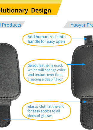 Yuoyar Sunglass Holder for Car, Magnetic Leather Sunglasses Holder and Ticket Card Clip, Car Visor Accessories, 2 Packs (Black)