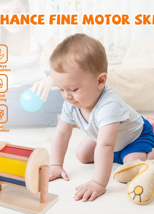 Adena Montessori Medium Spinning Drum, 6-12m | 6 color panels incl. mirror, rattles when spun. Wooden bars for easy grip. Boosts tummy time, motor & tracking. Gift.