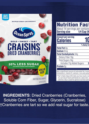 Ocean Spray® Craisins®, 50% Less Sugar Dried Cranberries, Dried Fruit, 20 Oz Pouch