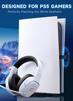 Gvyugke 2.4GHz Wireless Gaming Headsets for PS5, PS4, PC, Switch - Bluetooth 5.3 Gaming Headphones with Noise Canceling Mic, 7.1 Surround Sound, 70H Battery, Blue Lighting - White