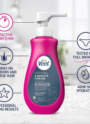 VEET Professional 2 Minute Hair Removal Cream For All Skin Types with Shea Butter | Effective Full Bikini Hair Removal, Pubic Hair Removal Gel | Dermatologically Tested | 13.5 FL OZ Bottle w/Spatula