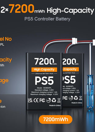 PS5 Controller Battery, High Capacity 2x7200mWh Rechargeable PS5 Battery Pack for Dualsense Controller with Black Skin, Replacement Batteries for PlayStation 5 with Screwdriver Tool Set