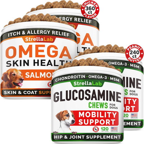 Omega 3 + Glucosamine Dogs Bundle - Allergy & Itch Relief Skin&Coat Supplement - Omega 3 & Pumpkin + Chondroitin, MSM - Dry Itchy Skin, Hot Spots Treatment + Hip & Joint Care - 600 Chews - Made in USA