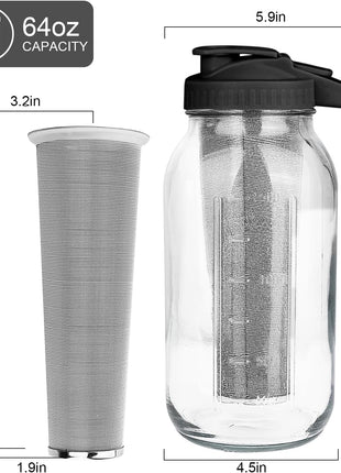 Cold Brew Coffee Maker,64 oz Mason Jar Pitcher with Stainless Steel Filter, Pour Spout Handle Lid, Heavy Duty Glass Airtight & Leak-Proof for Iced Coffee,Tea & Lemonade