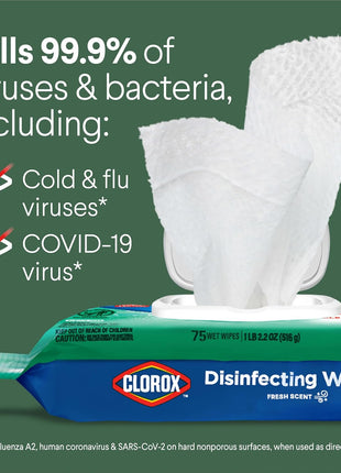 Clorox Disinfecting Wipes, Bleach Free, Household Essentials, Fresh Scent, Moisture Seal Lid, 75 Cleaning Wipes, Pack of 3 (New Packaging)