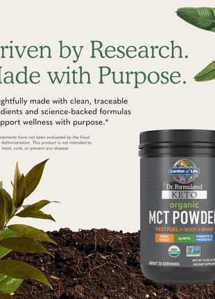 Garden of Life Dr. Formulated Keto Organic MCT Powder - 30 Servings, 6g MCTs from Coconuts Plus Prebiotic Fiber & Probiotics, Certified Organic, Non-GMO, Vegan, Gluten Free