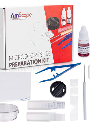 AmScope Microscope Slide Preparation Kit - Includes Blank Microscope Slides, Eosin Red & Methylene Blue Stain Powders, Tweezers, Swab & More - 22-Piece Kit