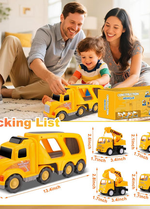 Construction Truck Toys for Toddler 3-4: 5-in-1 Vehicles with Sound Lights | 13 inch Big Carrier 4 Mini Truck - Great for Little Boys Daily Repeat Play - Ideal Christmas Birthday Gifts for Boy Grandkids