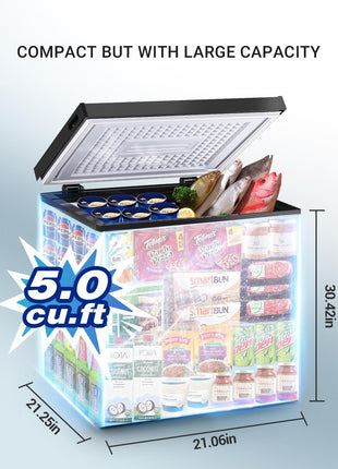 Compact Chest Freezer, 5.0 Cu Ft Deep Freezer with Removable Storage Basket, Mini Freezer with 7 Temperature Levels Thermostat, Black Top Open Door Freezer Ideal for Home, Kitchen & Office