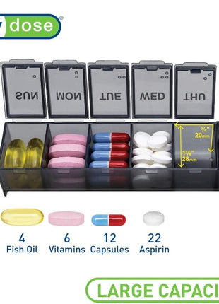 Ezy Dose Weekly (7-Day) Pill Organizer, Large Medicine Planner, Black | Compact Daily Vitamin & Supplement Medicine Case, Pop Up Compartments, Convenient and Easy to Use, Travel-Friendly, BPA-Free