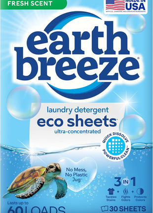 Earth Breeze Laundry Detergent Sheets Fresh Scent   60 Loads Eco Liquidless Soap   Travel Friendly for Hot & Cold Cycles, Tackles Tough Stains & Odors   Gentle on Skin, 30 Ct