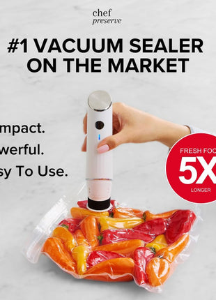Chef Preserve Compact Vacuum Sealer for Food (Vacuum Sealer Machine + 30 Reusable Vacuum Bags) Powerful Handheld Vacuum Sealer Machine, Seal Meal Saver, Portable Food Sealer