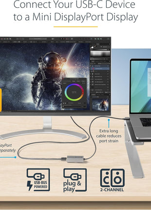 StarTech.com USB C to Mini DisplayPort Adapter, 4K 60Hz USB Type C to mDP/Mini DP Monitor Video Converter Dongle, Thunderbolt 3 Compatible, 12 inch Attached Cable, Upgraded Version of CDP2MDP (CDP2MDPEC)