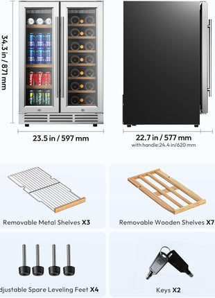 EUHOMY Wine and Beverage Refrigerator, 24 Inch Dual Zone Wine Cooler with Glass Door Hold 21 Bottles and 88 Cans, Built in or Under Counter Wine Fridge with Blue LED Light