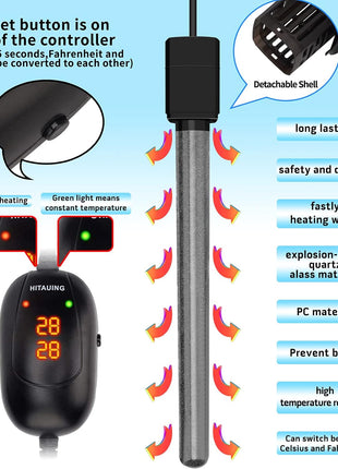 HiTauing Aquarium Heater, 50W/100W/200W/300W/500W Submersible Fish Tank Heater with Over-Temperature Protection and Automatic Power-Off When Leaving Water for Saltwater and Freshwater