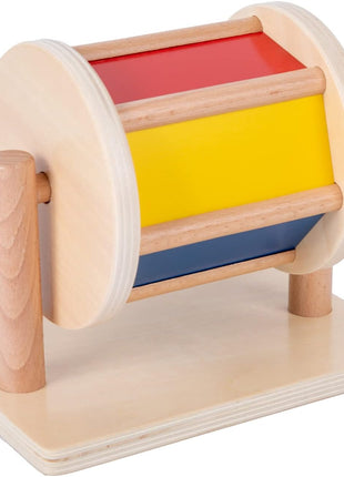 Adena Montessori Medium Spinning Drum, 6-12m | 6 color panels incl. mirror, rattles when spun. Wooden bars for easy grip. Boosts tummy time, motor & tracking. Gift.