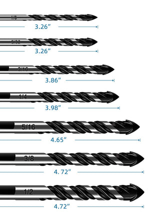 10-Piece Masonry Drill Bit Set for Concrete Tile Glass Ceramic Brick,1/8 to 1/2 Inch Drilling Bits with Triangle Handle,Tungsten Steel Alloy Tip.(Black)