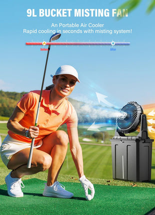 Ausic 10′′ 9L Portable Misting Fan, [Max 55Hrs] Golf Cart Mister Fan for Outside Patios, 20000mAh Outdoor Rechargeable Battery Operated Water Cooling Fan, Summer Camping Essentials - 3 Spray Misters