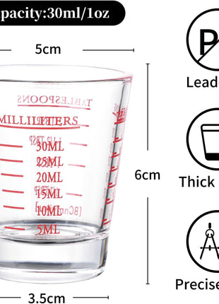 Measuring cup Espresso Shot Glass Liquid Heavy Glass Wine Glass 26 Incremental Measurement 1oz, 6 Tsp, 2 Tbs, 30ml (2 pack red)