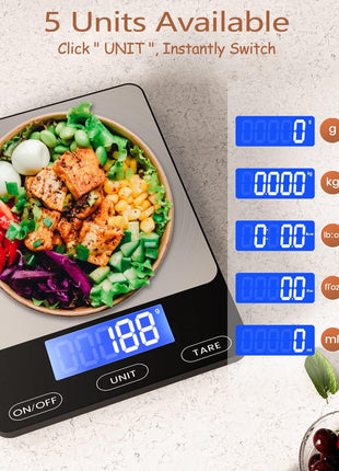 Food Scale -33lb Digital Kitchen Scale for Food Ounces Grams Rechargeable | 304 Stainless Steel,Batteries and Type-C Charging | Perfect for Meal Prep, Cooking, and Baking, Black